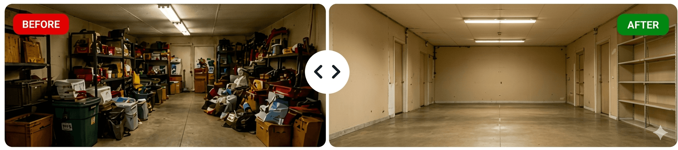Before and after garage cleanup comparison
