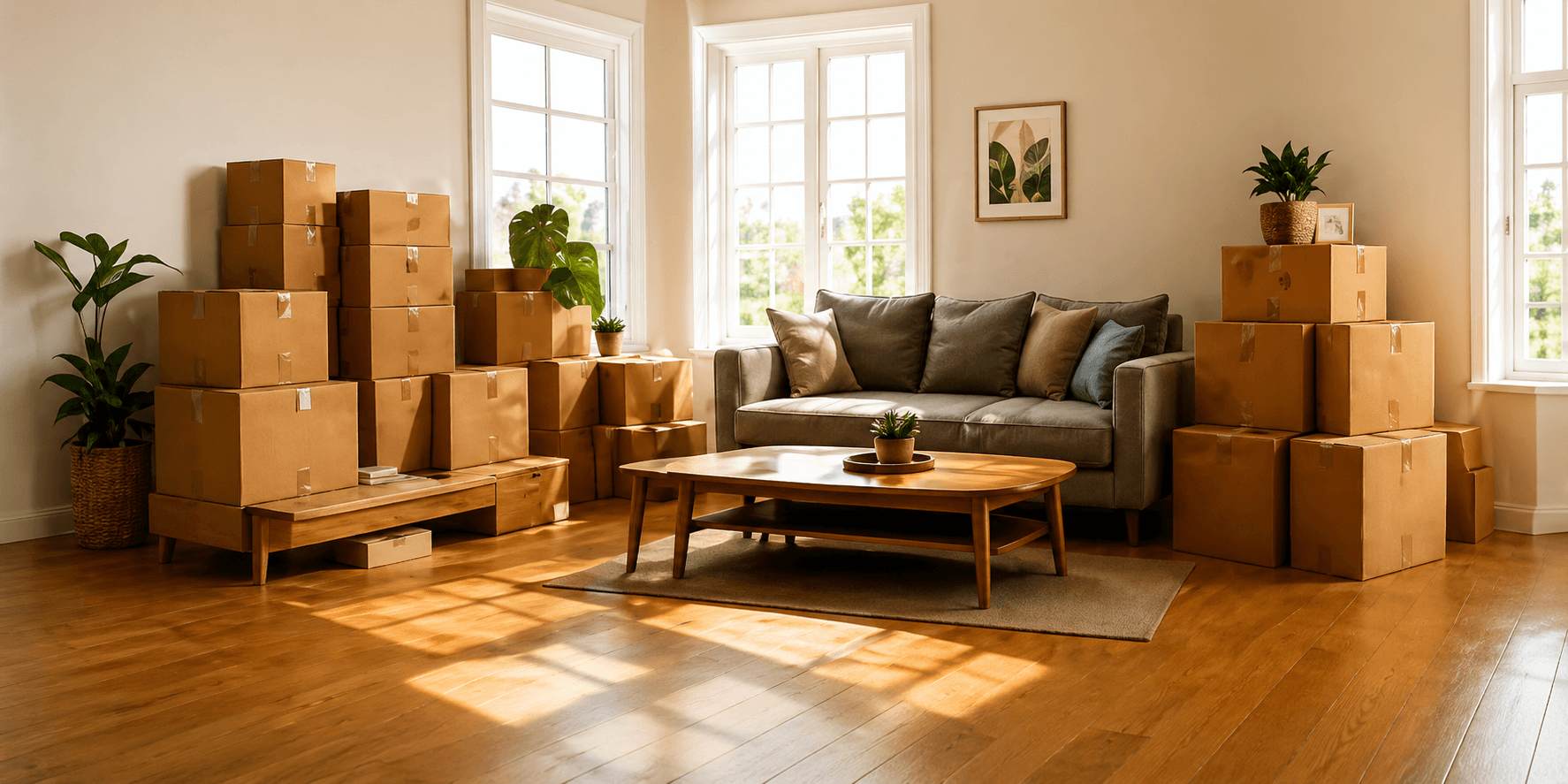 Packed living room ready for moving