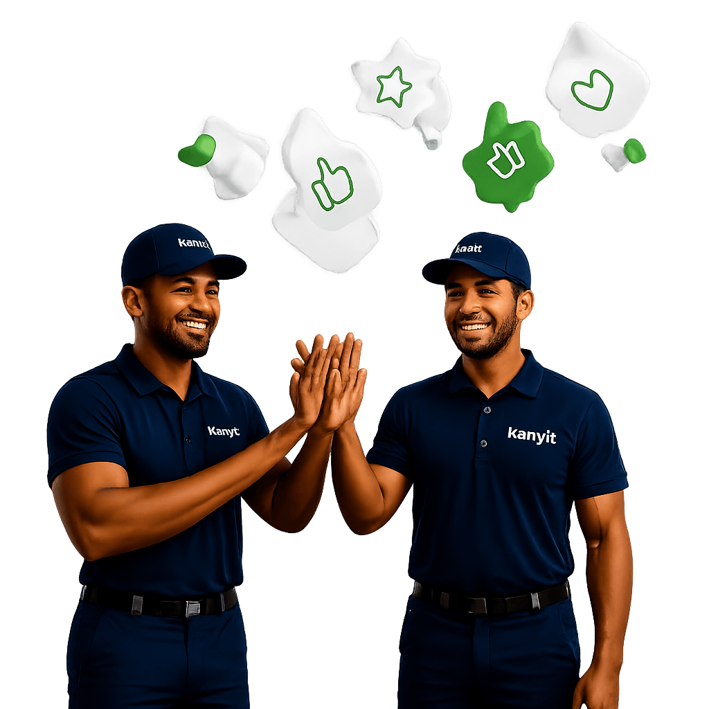 Two moving team members celebrating referral rewards