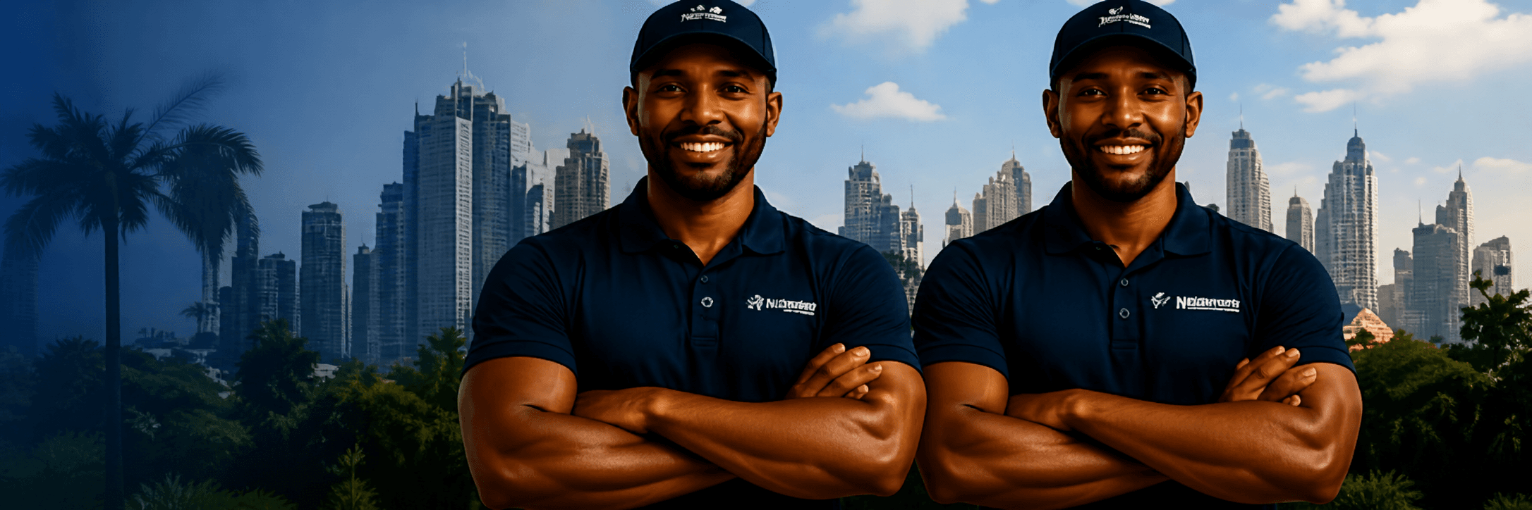 Two professional movers in front of a city skyline